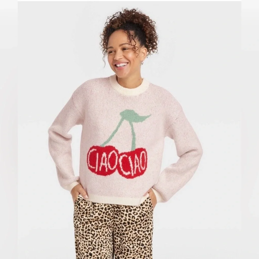 A New Day Ciao Ciao Cherries Pullover Heavyweight Cozy Sweater Cherry LG